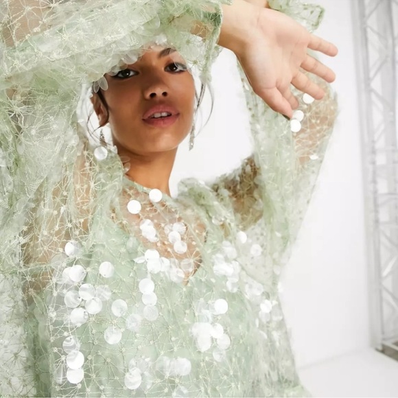 ASOS EDITION SEQUINED SHEER PART DRESS SZ 0 OVERSIZED MINT GREEN GOLD THREADING - Picture 7 of 10